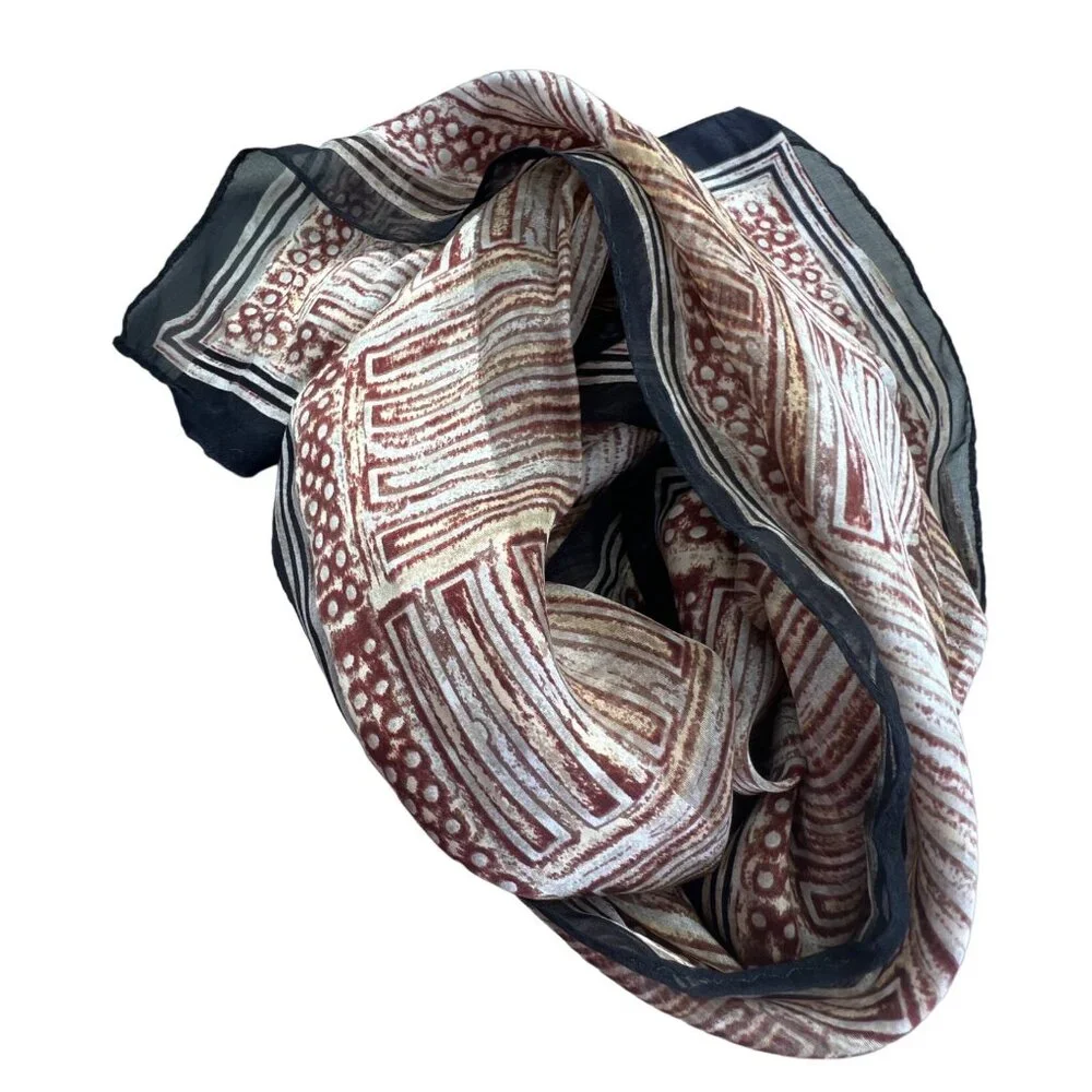 Vintage Casual Corner 100% Silk Twill Scarf Lightweight Brown Tribal Neck Wrap